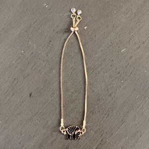 Elephant Black Enamel 3/4" Charm & Rhinestone Gold Chain Adjustable Bracelet